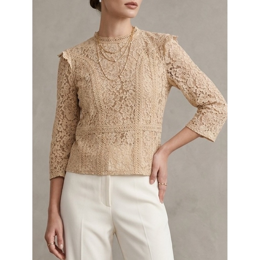 Zara Floral Lace‎ Blouse Womens Medium Beige Excellent Ruffle Trim Romantic Boho